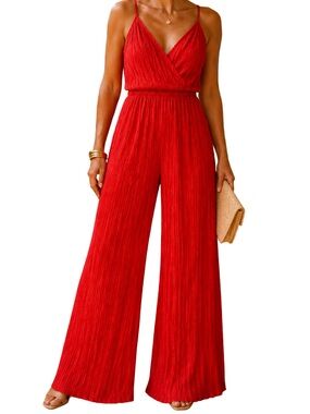 Love Fire Red Pleated Wide Leg Palazzo Jumpsuit Junior Large NWOT Resort Chic
